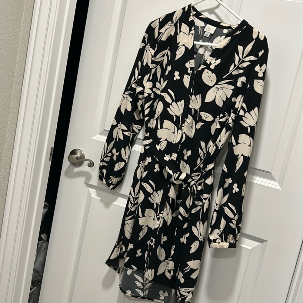 A New Day Floral long sleeve shirt dress with tie belt size med